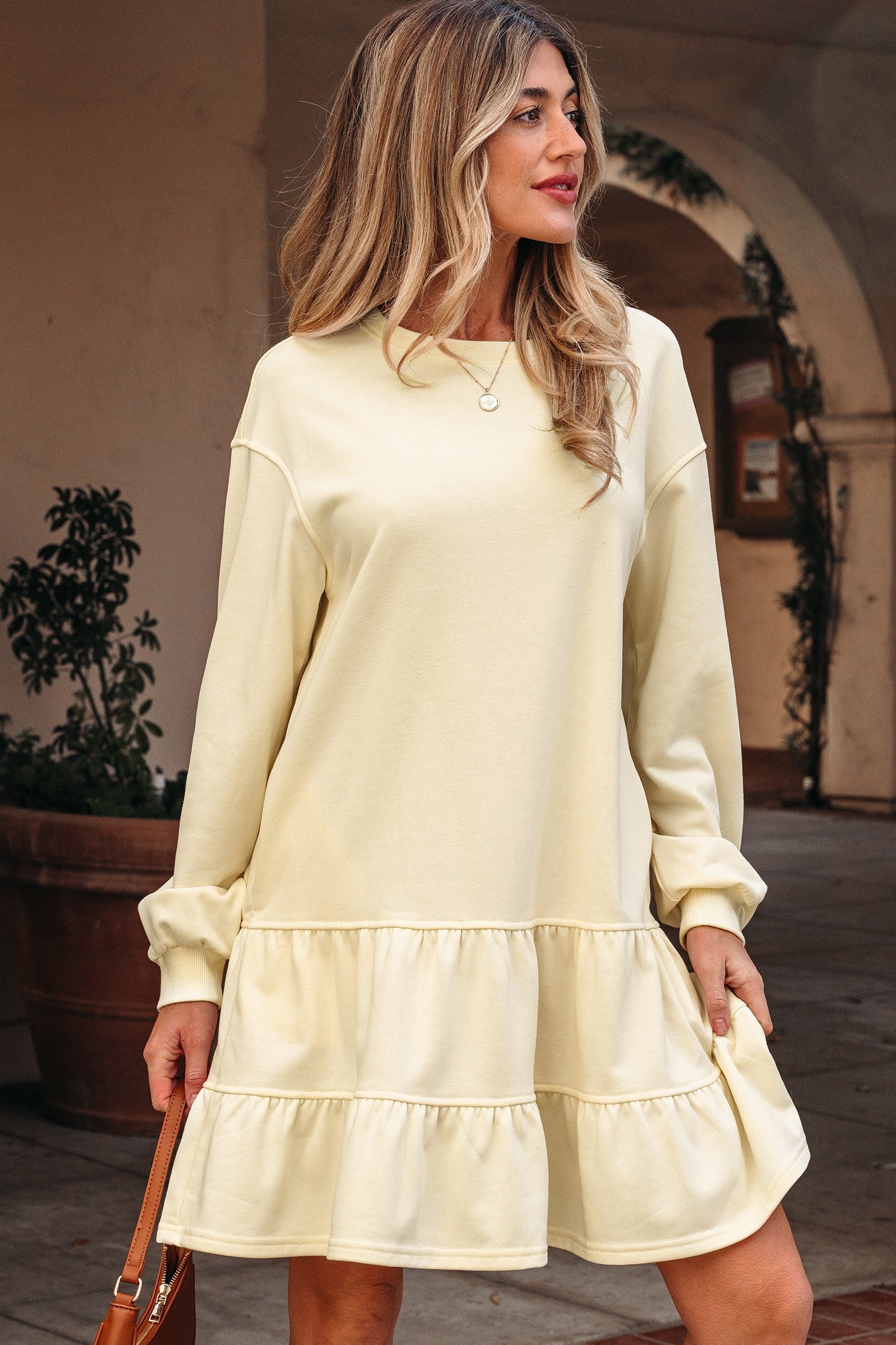 loose top tight skirt dress Ramona Sleeve Mini | Threaded Pear Beige / XL this dress has a babydoll pattern Width:NN LEVEN SIXTEEN Brown Floral