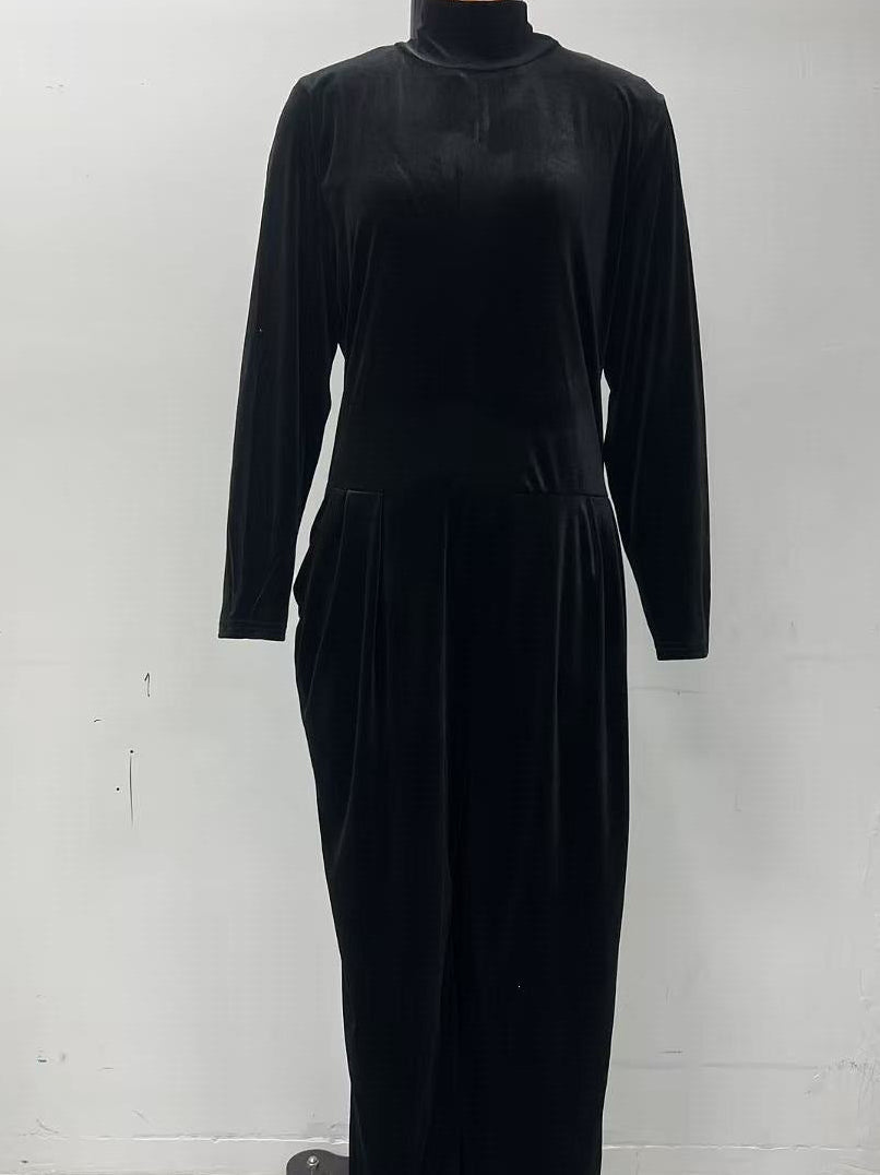 Women's Velvet Mock Turtleneck Chevron-Seam Fitted Bodice Balloon-Leg Jumpsuit