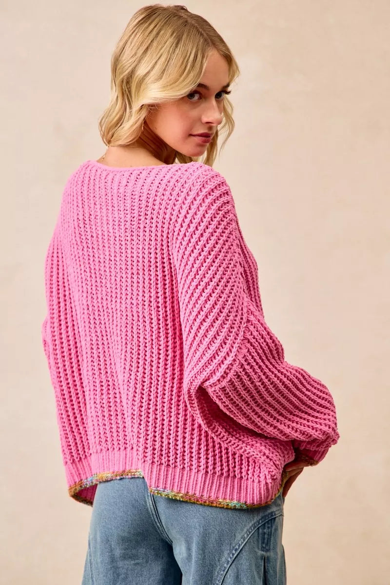 BiBi V-Neck Sweater with Colorful Trim