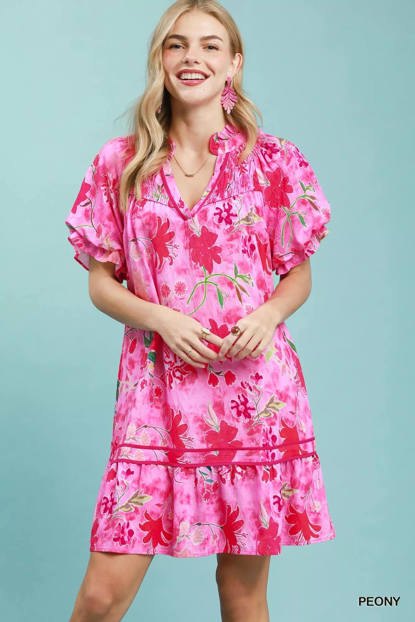 Umgee Floral Ruffle Hem Mini Dress PEONY / M
