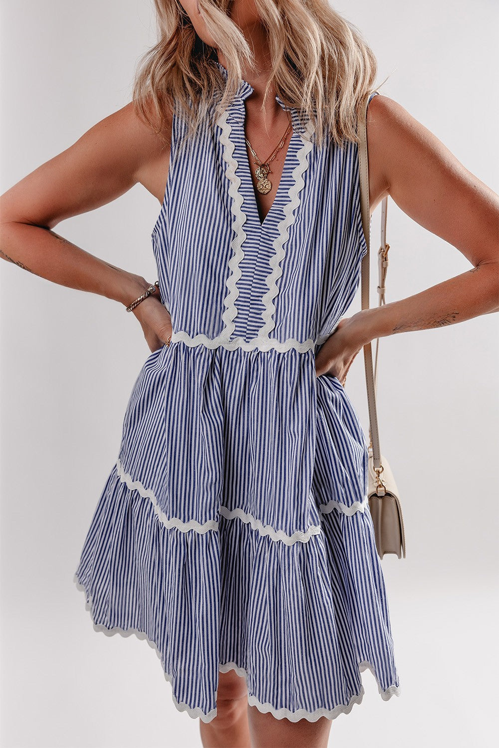 Threaded Pear Macie Sleeveless Notched V Neck Ric Rac Dress