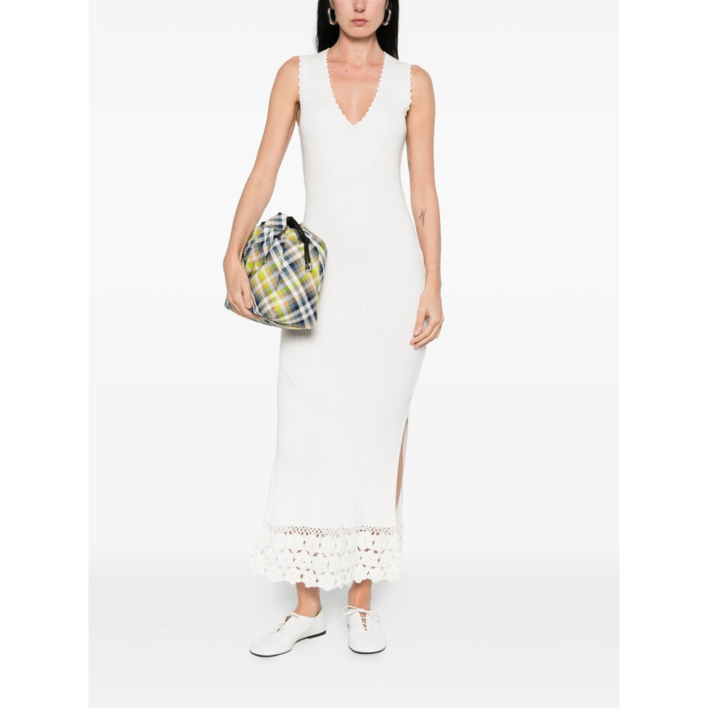 Dress V-Neck Crochet Hem Neutral