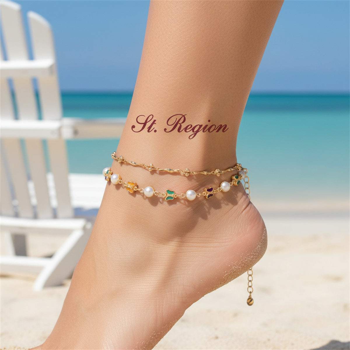 Multi-Colored Crystal & Pearl Goldtone Butterfly Station Anklet Set