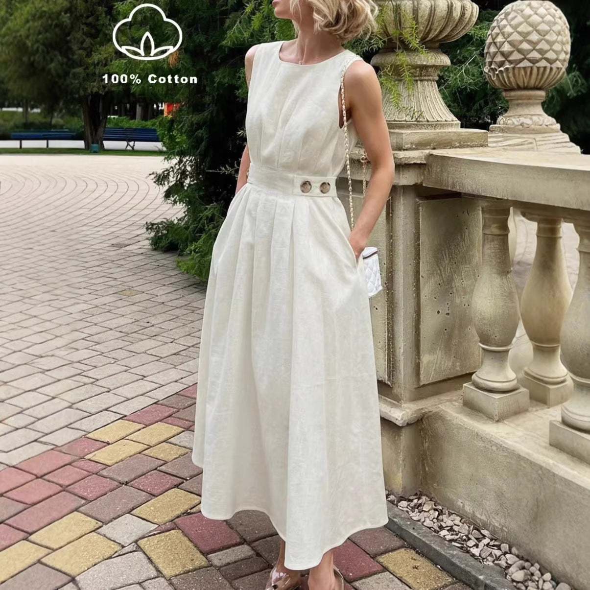 minimal midi dress Women's French Minimalist Sleeveless Crew-Neck Midi Dress – White S–XXL White / XL