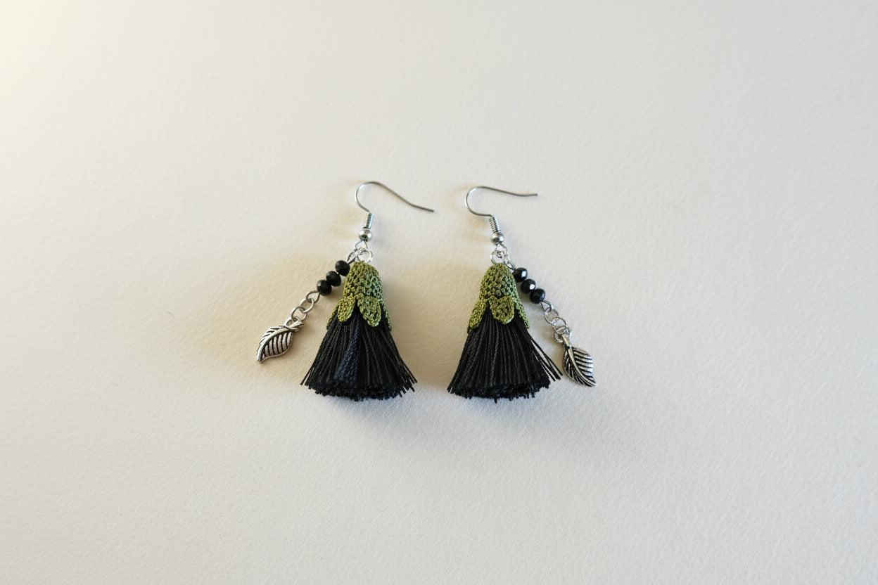 Handmade Black Tassel Crochet Dangle Earrings for Women