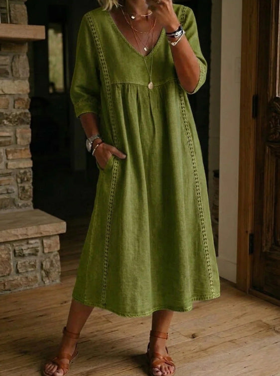 Women's Linen Cotton V-Neck Dress Lace Trim, Loose Fit, 7 Colors Beige 3XL Women's Linen Cotton V-Neck Dress Lace Trim, Loose Fit, 7 Colors Beige 3XL