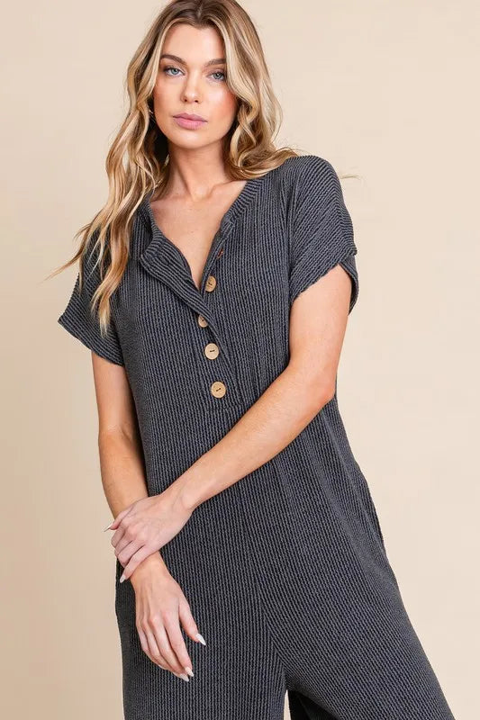 BOMBOM Rib Knit Jumpsuit with Button Detail