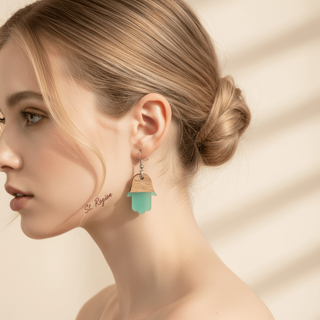 Green Resin & Wood Silvertone Patchwork Hamsa Hook Earrings
