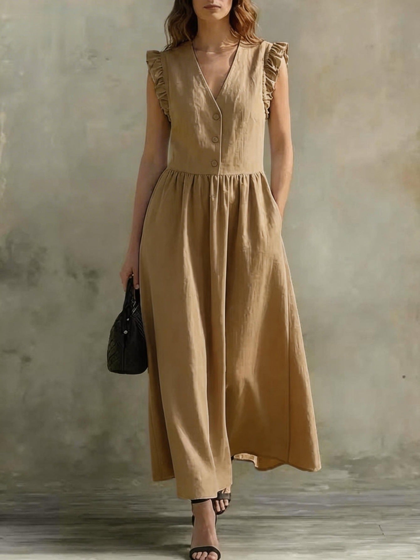 zulily linen dresses Women's Sleeveless A-Line Midi Dress  Solid Color Cotton Linen Casual Black / S