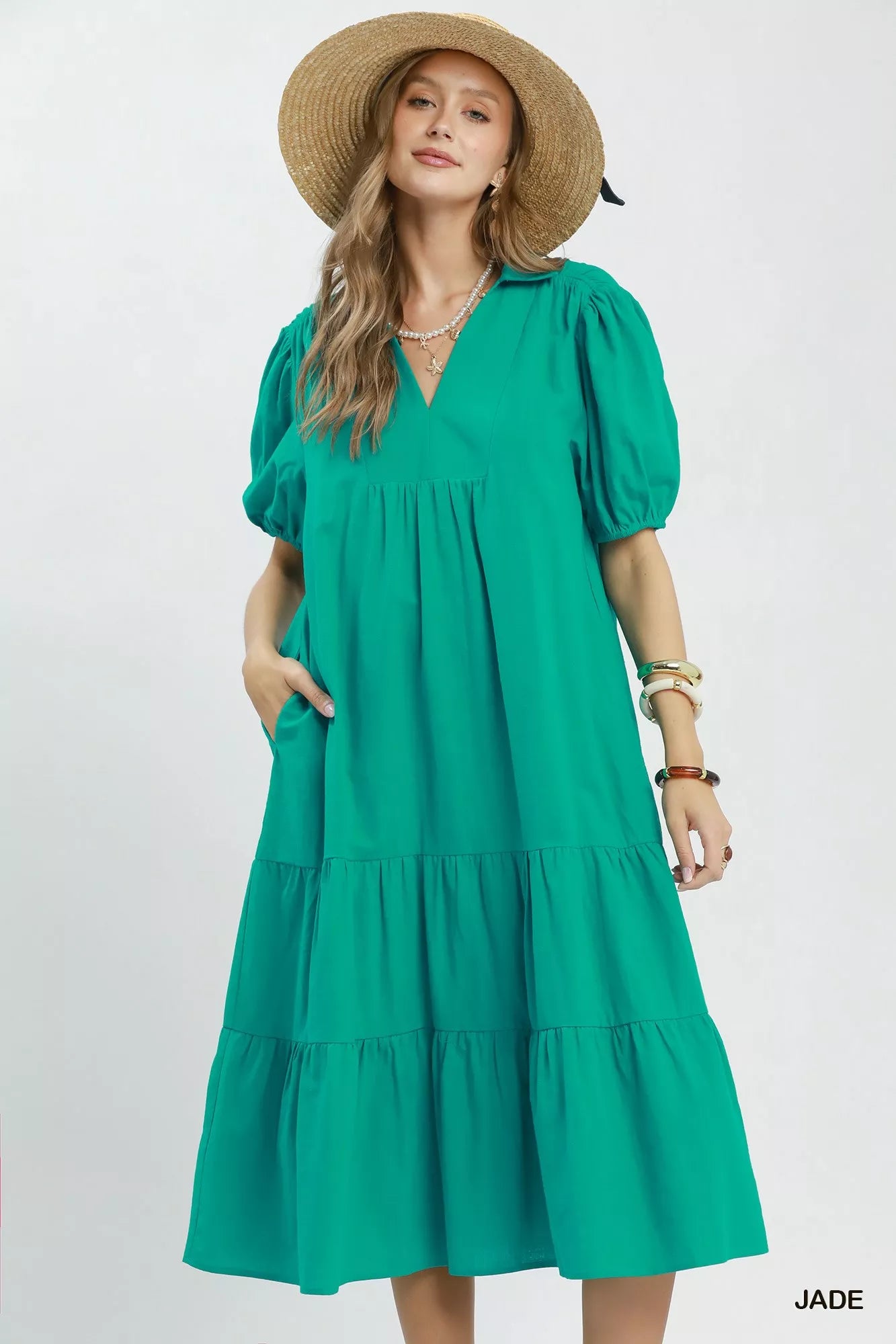 Umgee Solid Tiered Midi Dress JADE / M