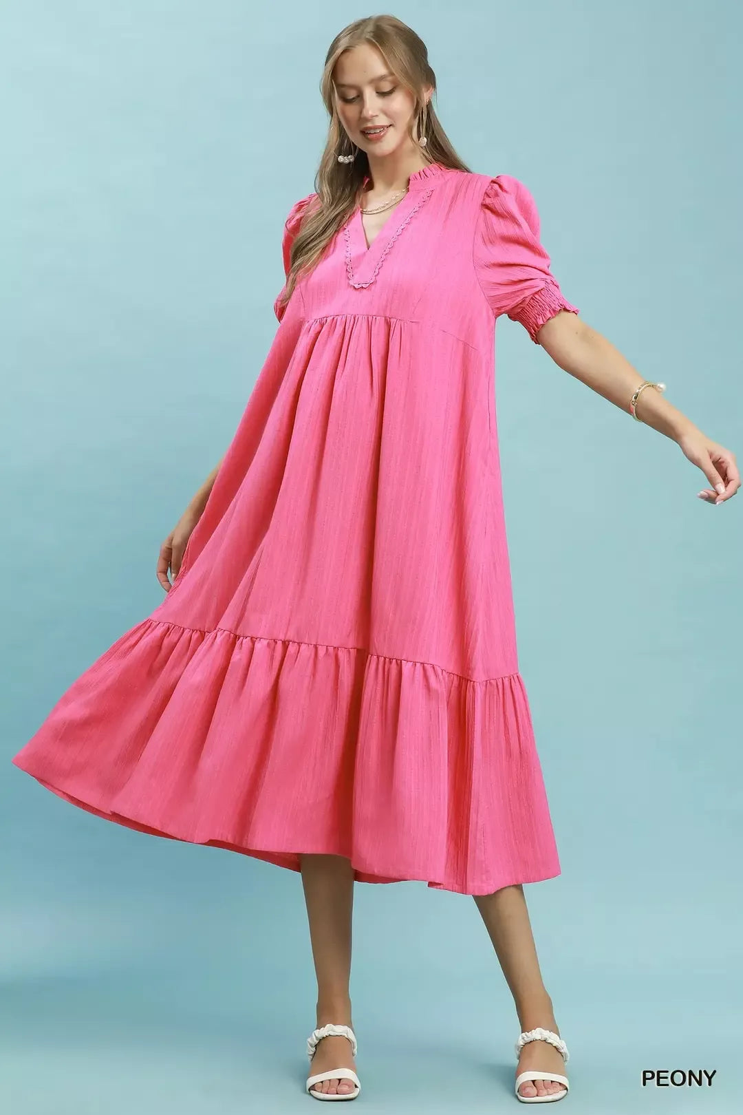 Umgee Textured Puff Sleeve Midi Dress