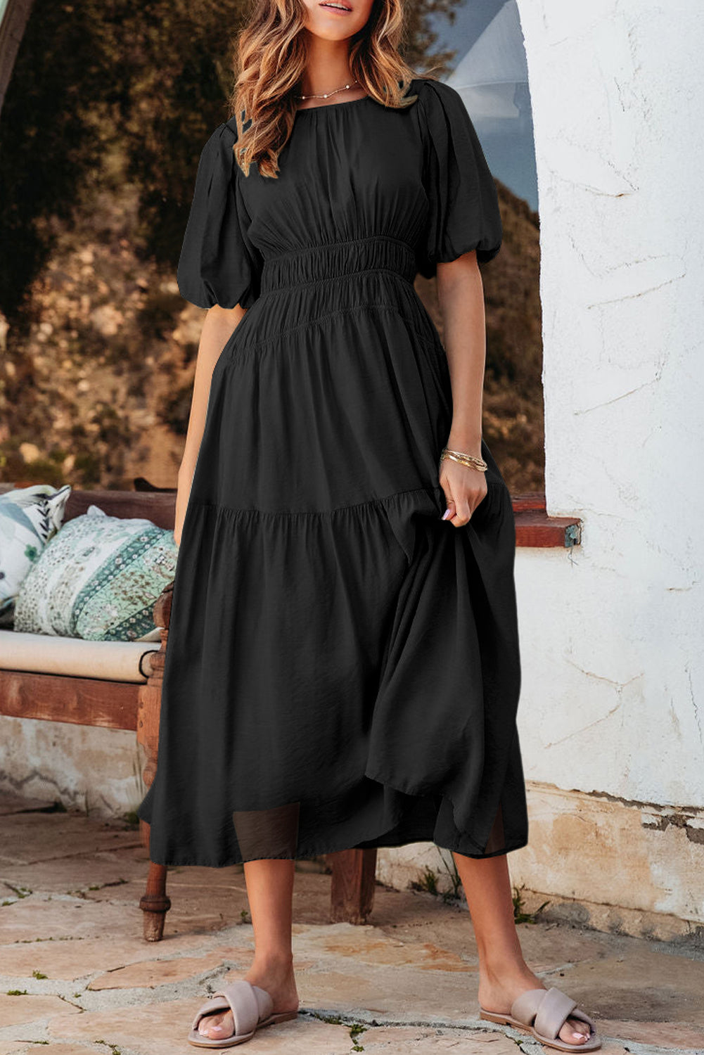 Threaded Pear Lara Puff Sleeve Pleated High Waist Midi Dress