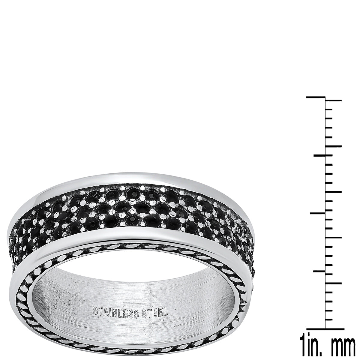 Stainless Steel Rope Chain Inlay And Simulated Black Diamonds Band Ring