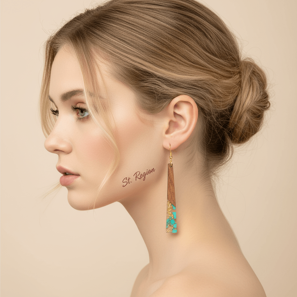 Green Resin & Wood Goldtone Long ?Trapezoid Hook Earrings