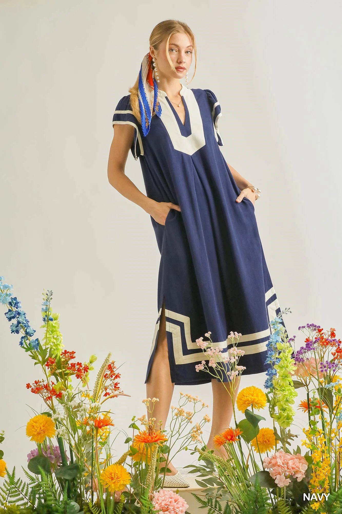 umgee dress Umgee Linen Cotton Contrast Neckline Midi Dress in NAVY NAVY / L