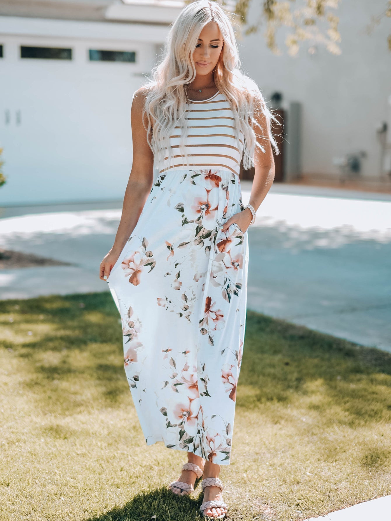 Threaded Pear Zora Striped Floral Sleeveless Maxi Dress with Pocket