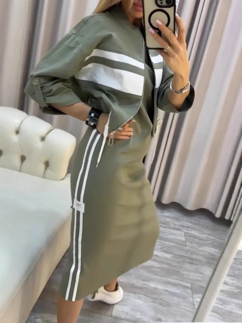 Women's Zip-Up Bomber Track Jacket & Bodycon Midi Dress Set