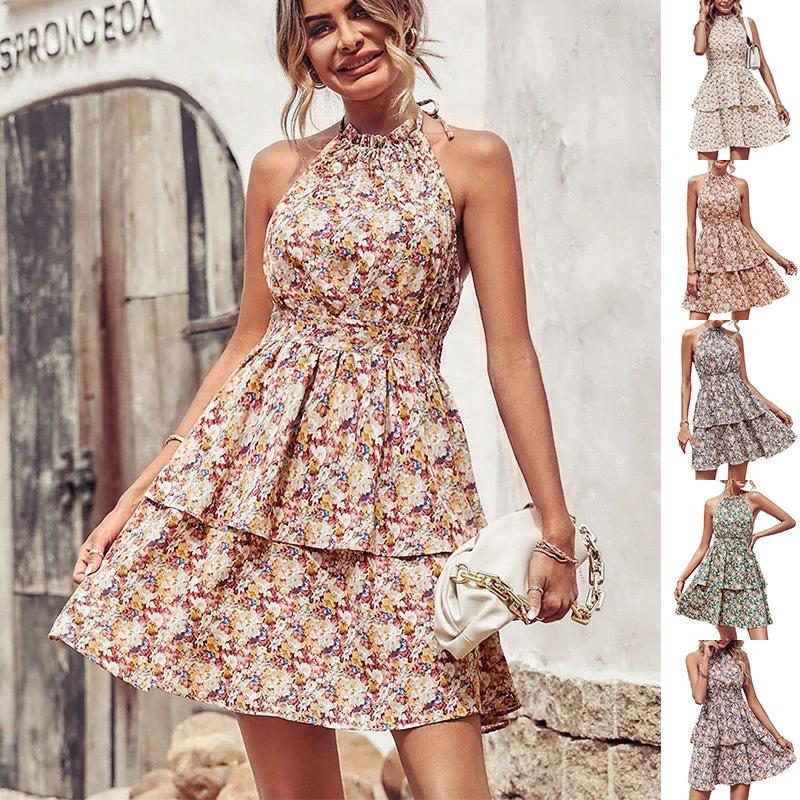 boho printed halter dress Summer Printed Halter Dress Fashion Boho Backless Ruffled A-Line Beach Dresses F
