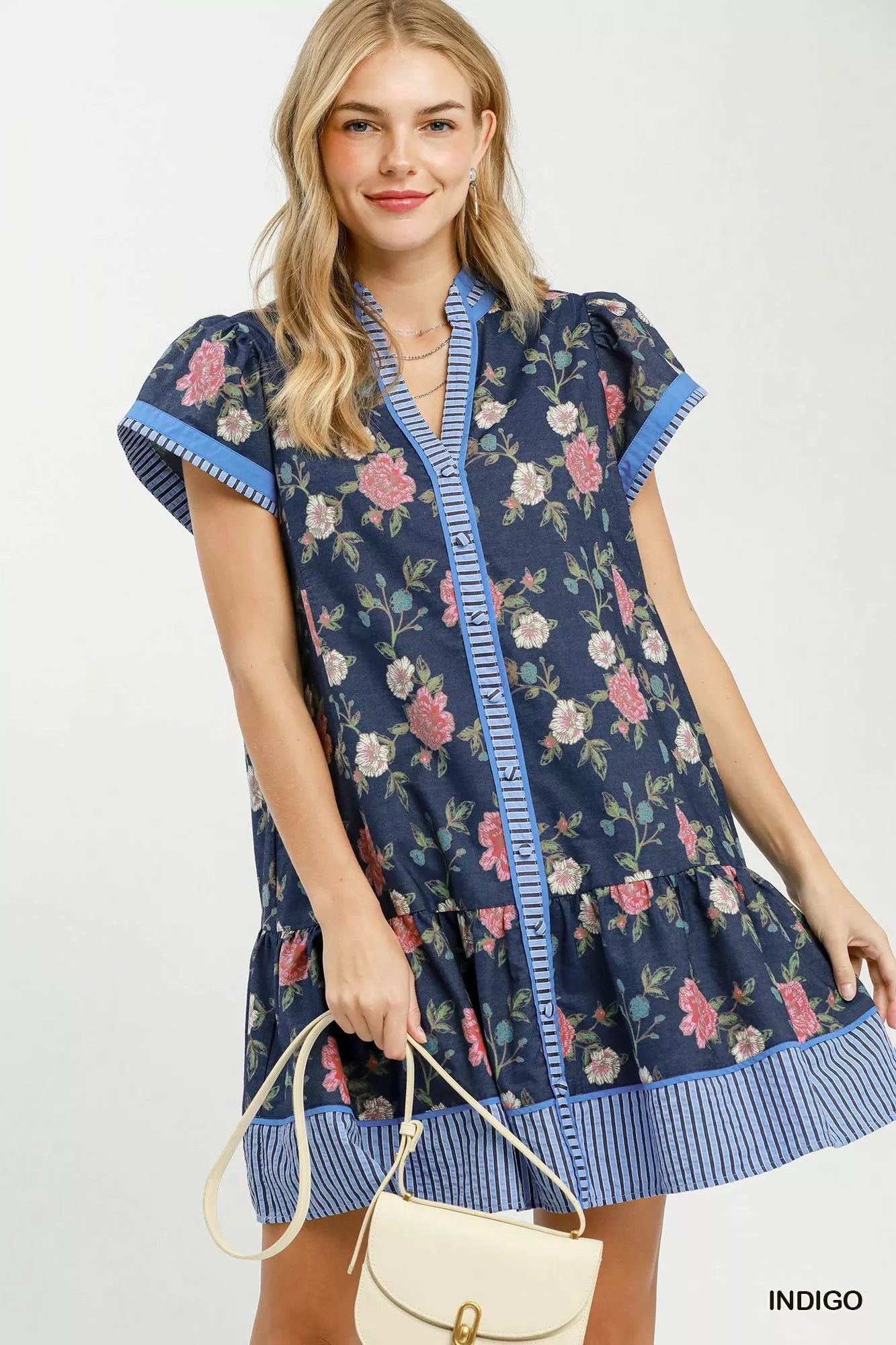umgee casual dresses Floral Contrast Trim Ruffle Hem Mini Dress in Indigo Indigo / M Color:Vintage Violet A trier FASTMAG fully lined in white Women's Plus Size Ruched