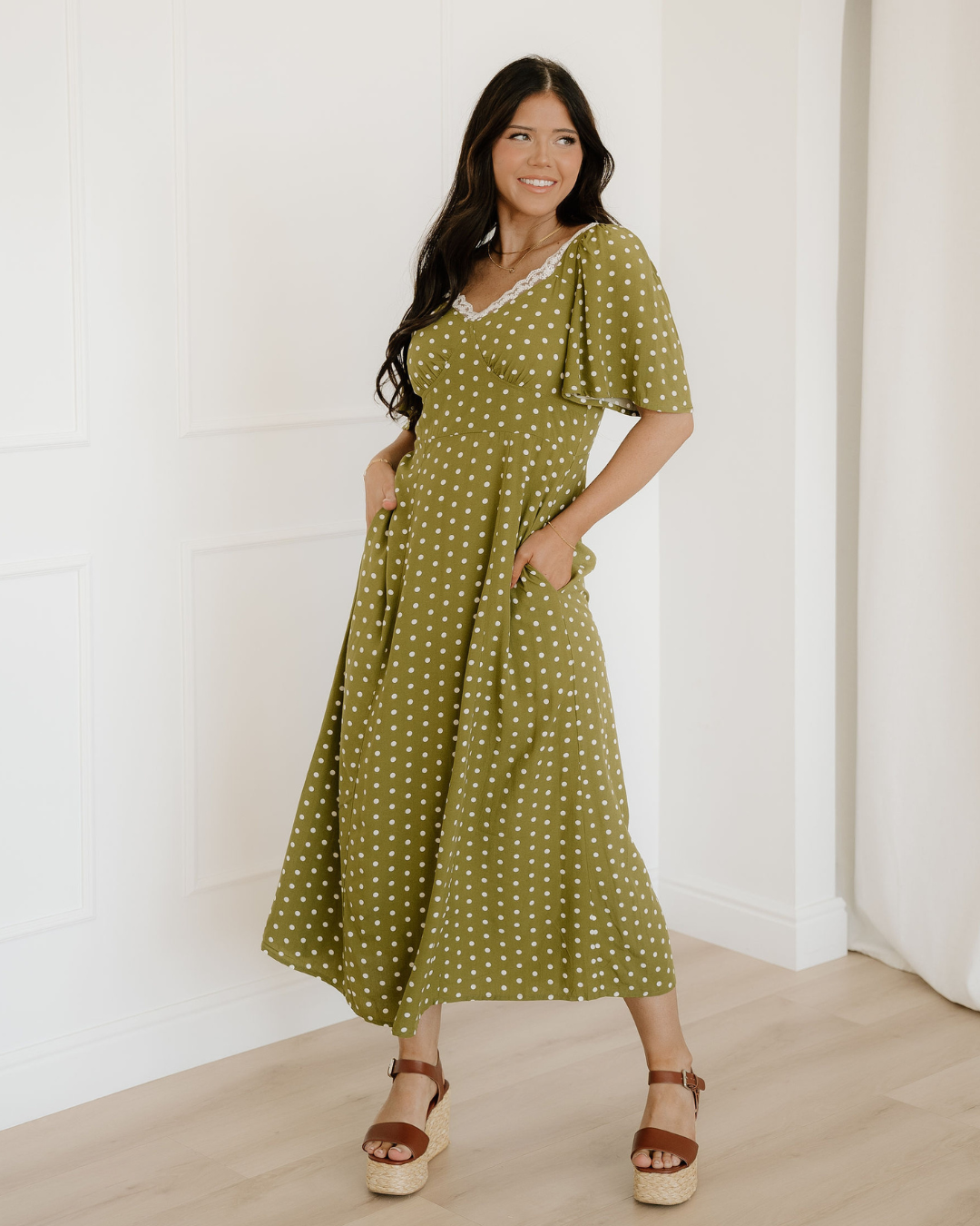 Maleah Polka Dot Print Lacy Neckline Smocked High Waist Maxi Dress Green / S / 100%Viscose