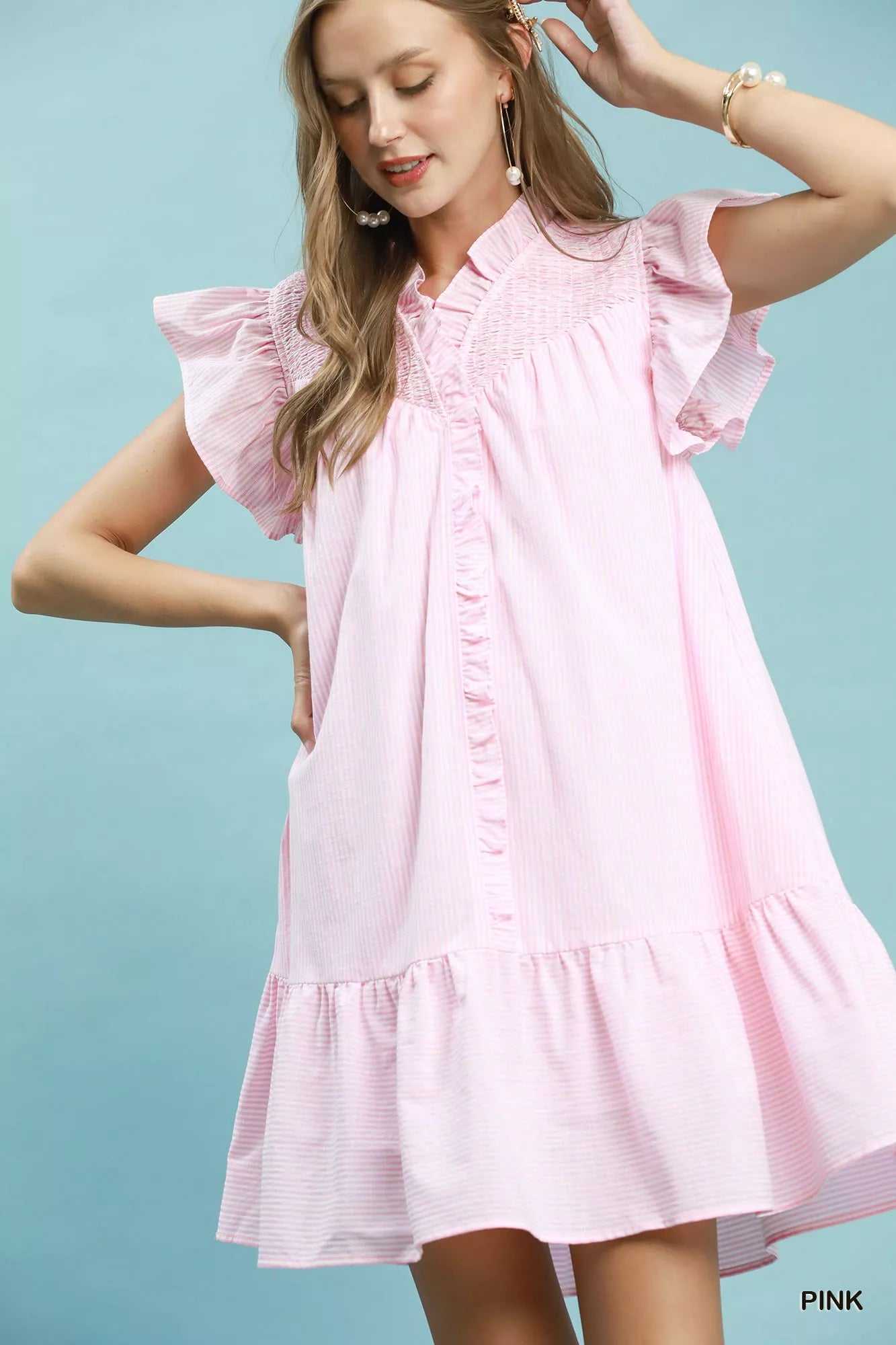 umgee pink dress Umgee baby pink floral collared dress L