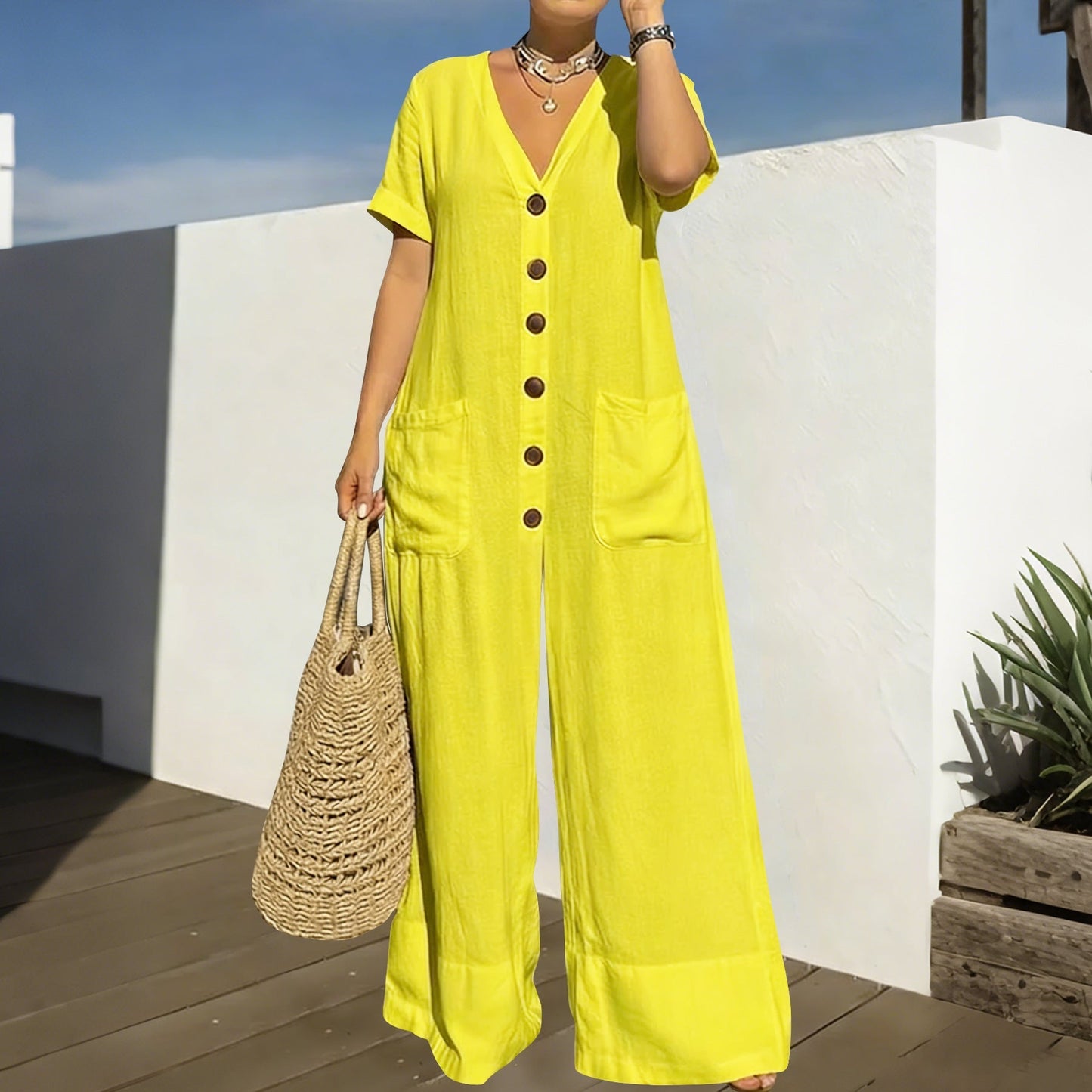 Women's Loose V-Neck Button Jumpsuit – Wide Leg Plus Size