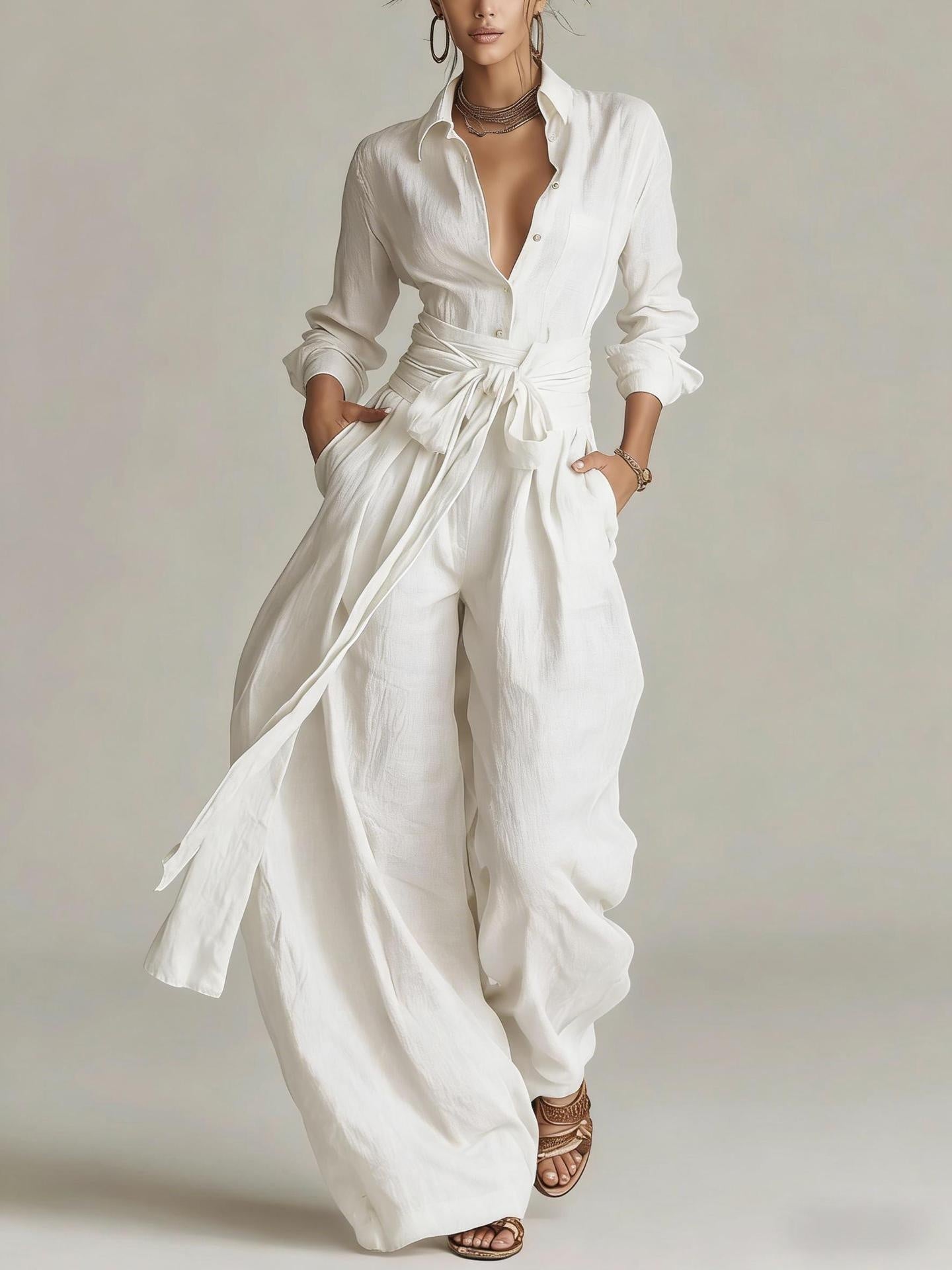 Women's Linen Long Sleeve Shirt & High-Waist Wide-Leg Pants Set with Tie Belt