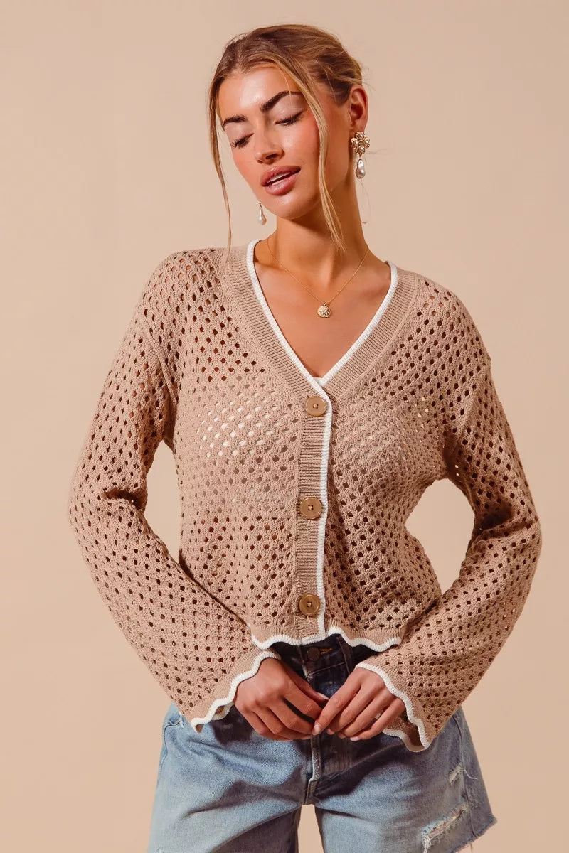 SO ME Open Knit Light Weight Sweater Cardigan With Contrast Wavy