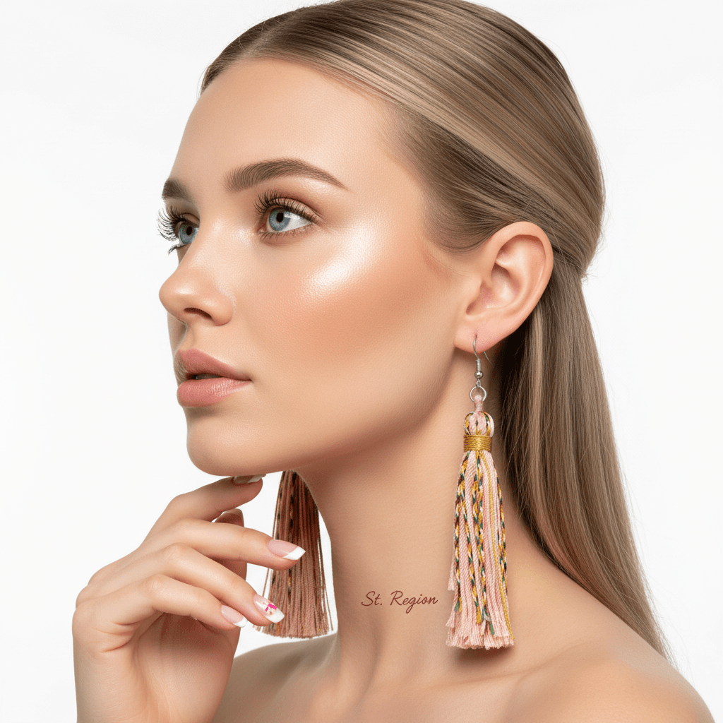 Pink Multi-Colored Polyster & Silvertone Tassel Statement Hook Earrings