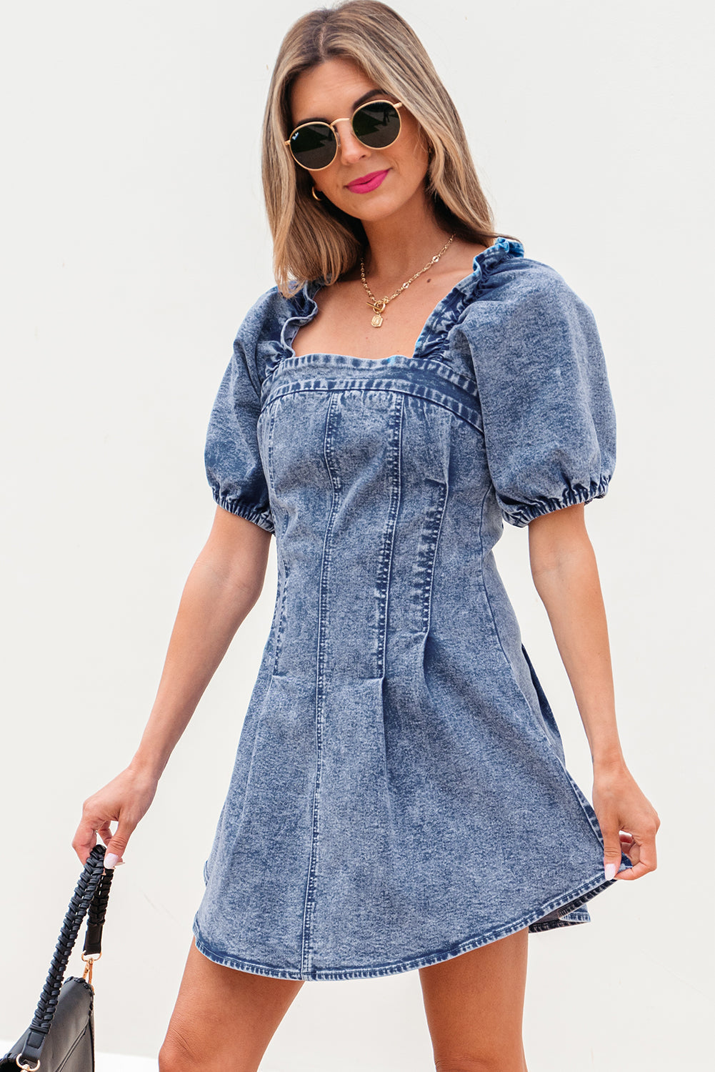Threaded Pear Celia Square Neck Bustier Puff Sleeve Short Denim Dress