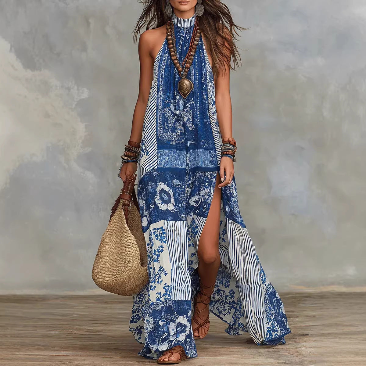 loose halter maxi dress Women's Printed Halterneck Split Maxi Dress – Loose Fit Sleeveless 9ZX9 / L