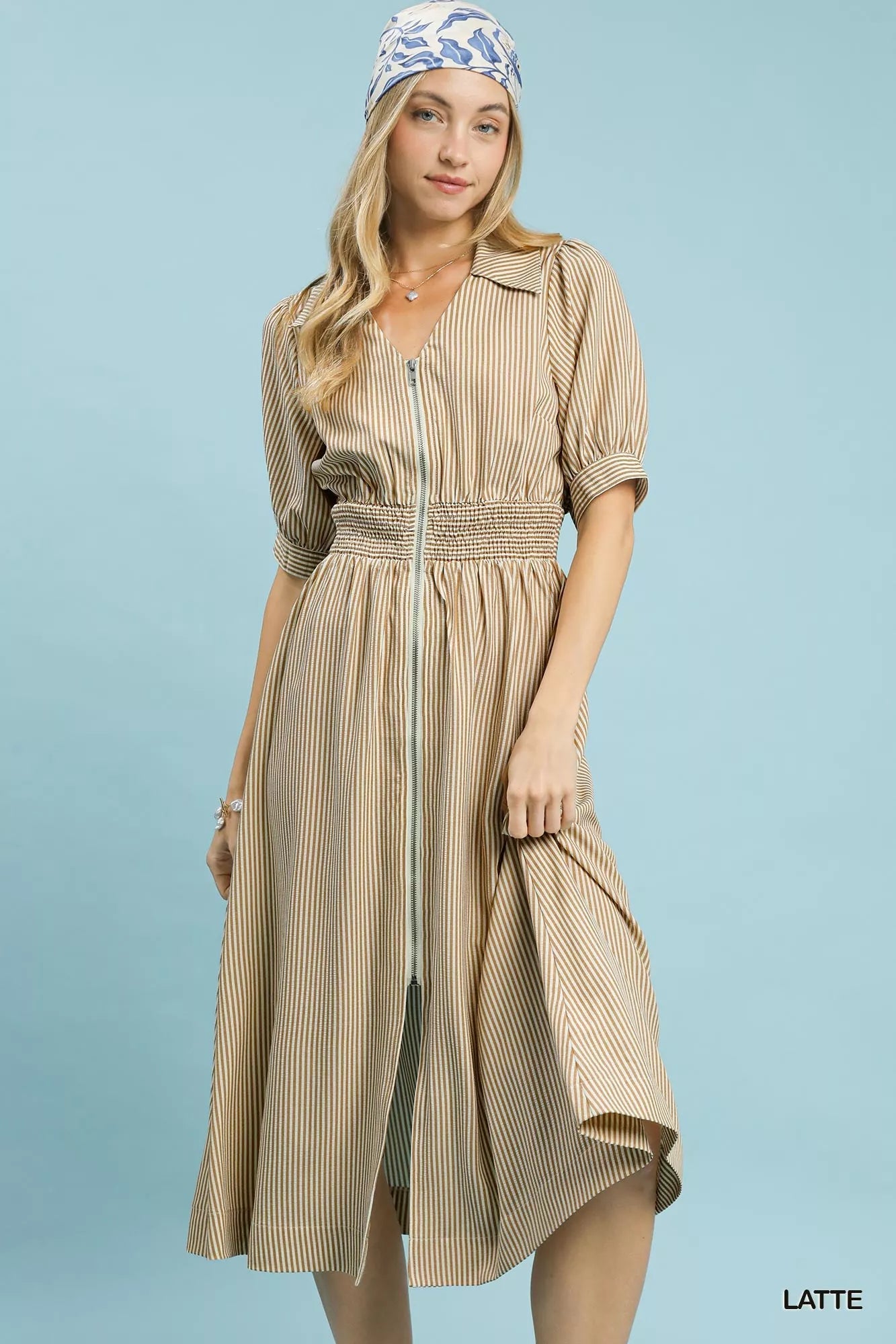 Umgee Striped Midi Dress with Front Zipper LATTE / M