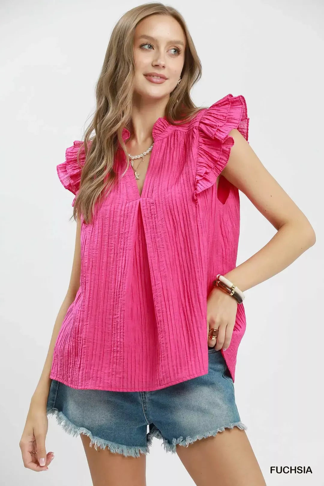 Umgee Textured Ruffle Sleeve Split V Neck Top – Zulily