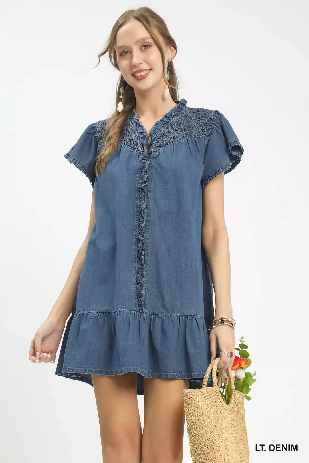 Umgee Ruffled Washed Denim Dress LT. Denim / M