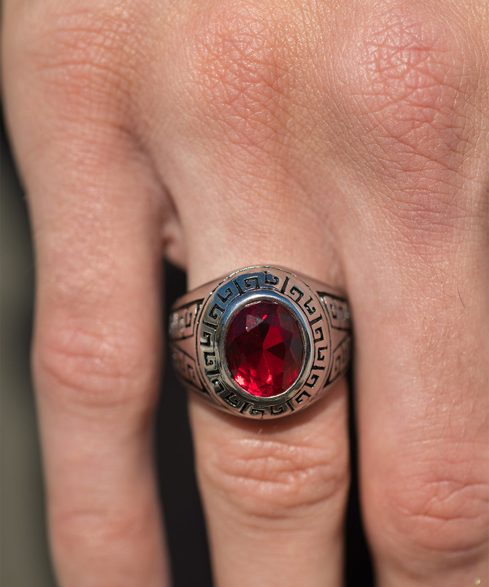 Greek Key Accent Ring with Simulated Ruby