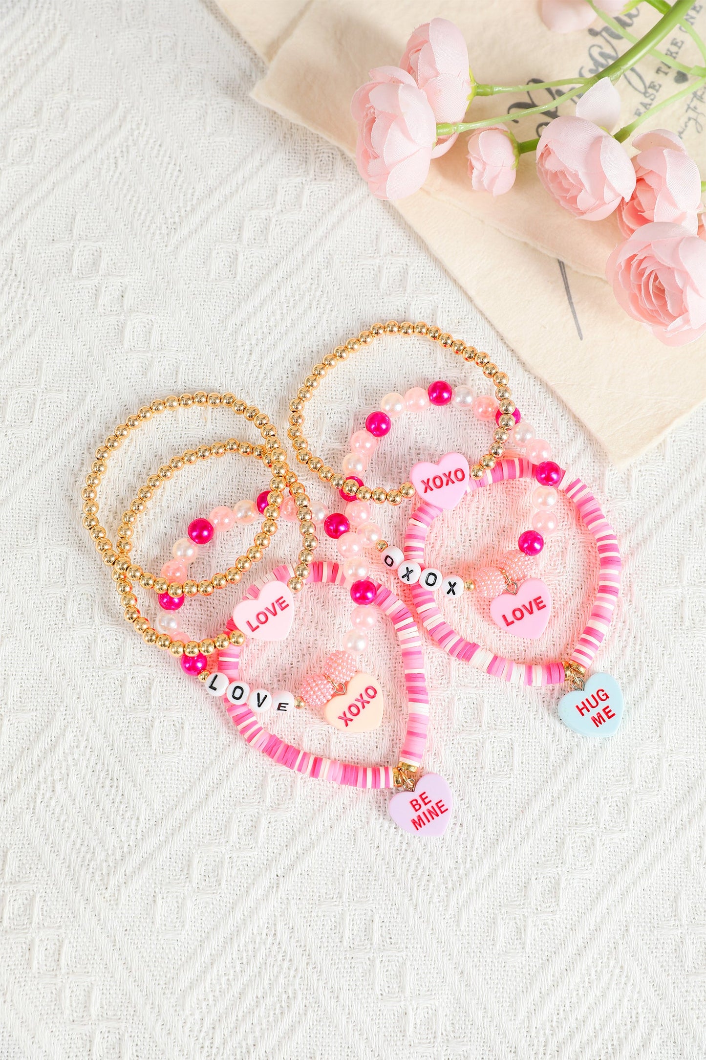 Valentine Heart Pendant Beaded Elastic Bracelet - Pink / ONE
