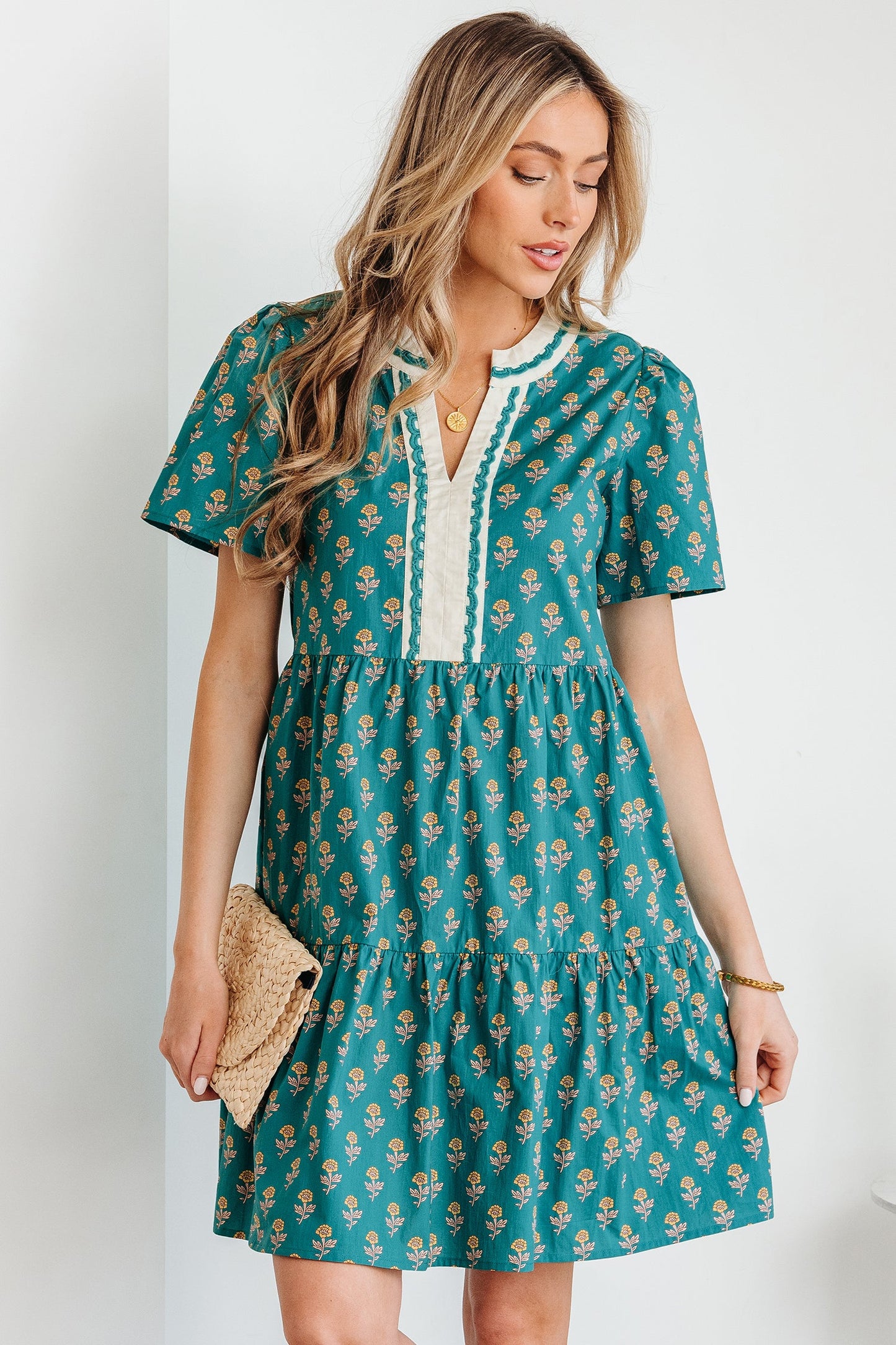 Threaded Pear Clover Short Sleeve Floral Dress