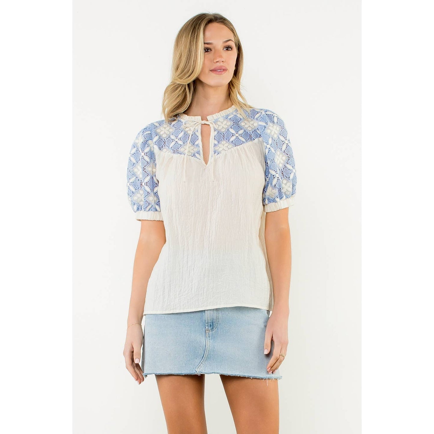 Krysa - Embroidered Yoke Puff Sleeve Crinkle Top