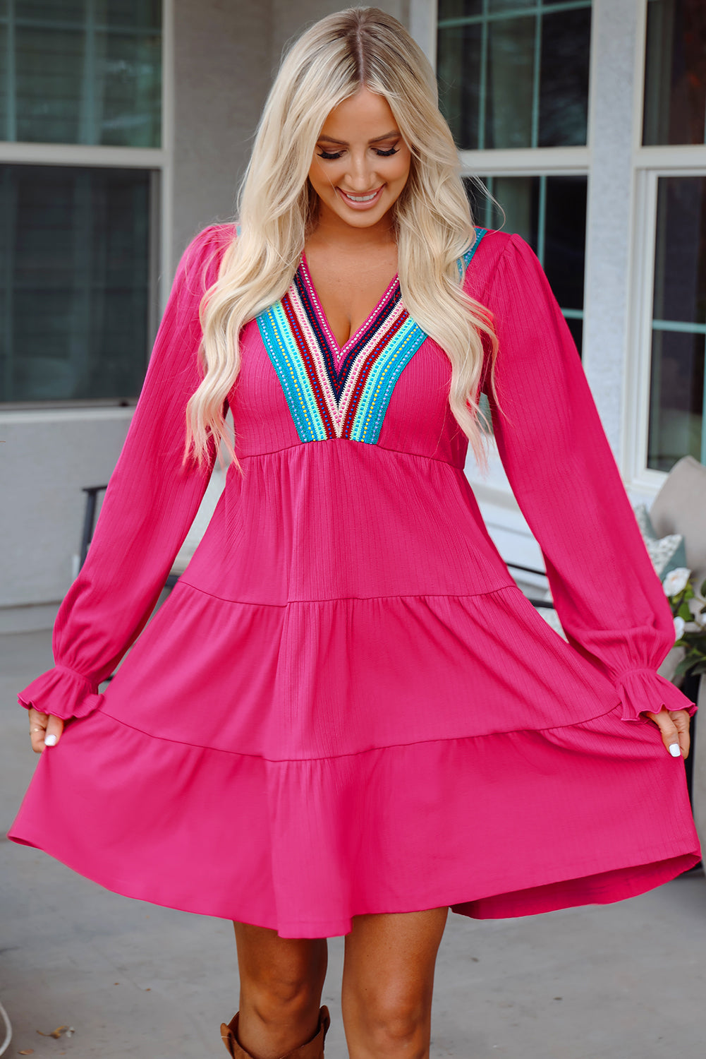 Threaded Pear Lyra Crochet V Neck Long Sleeve Mini Dress