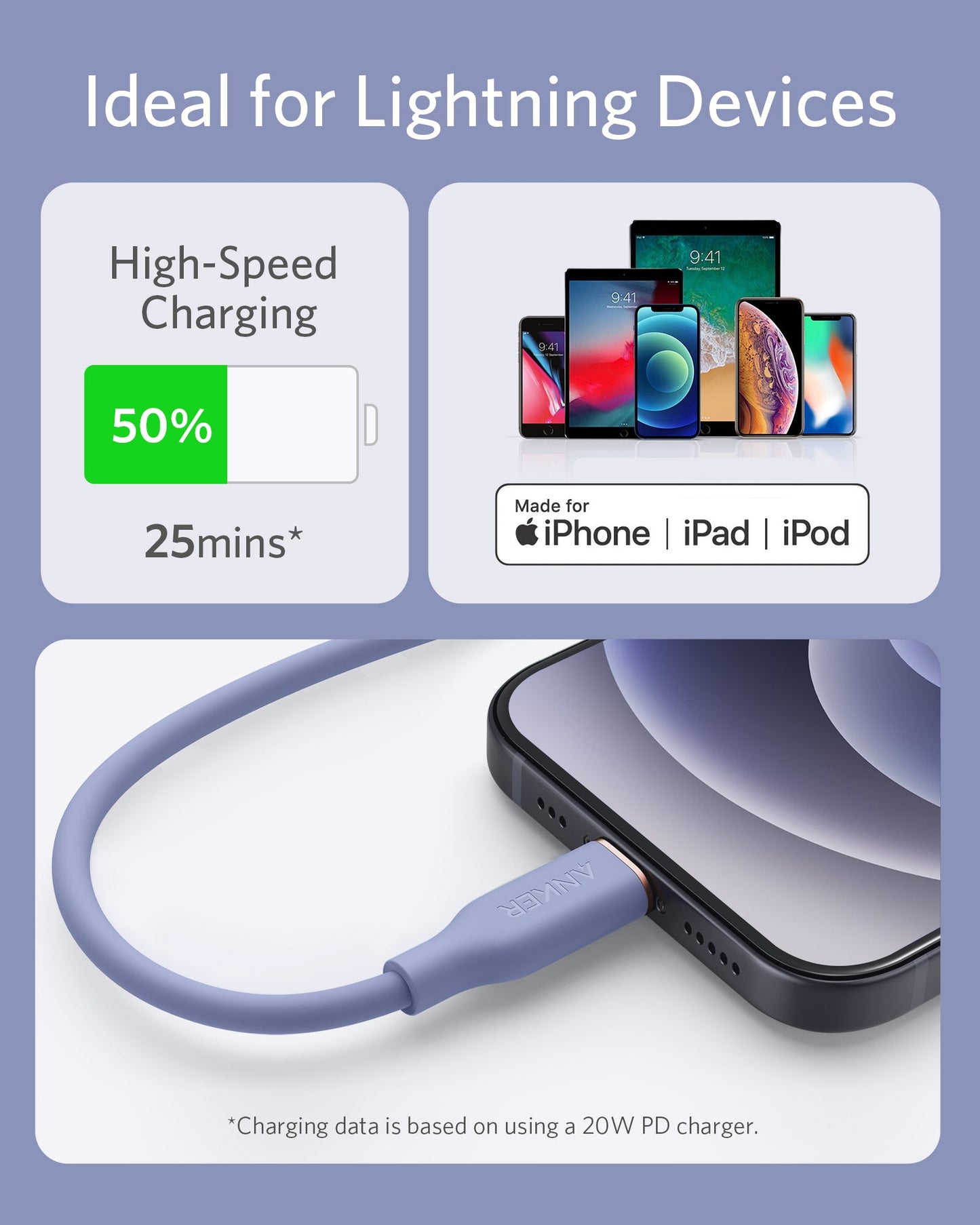 Anker <b>641</b> USB-C to Lightning Cable (Flow, 3 ft Silicone)
