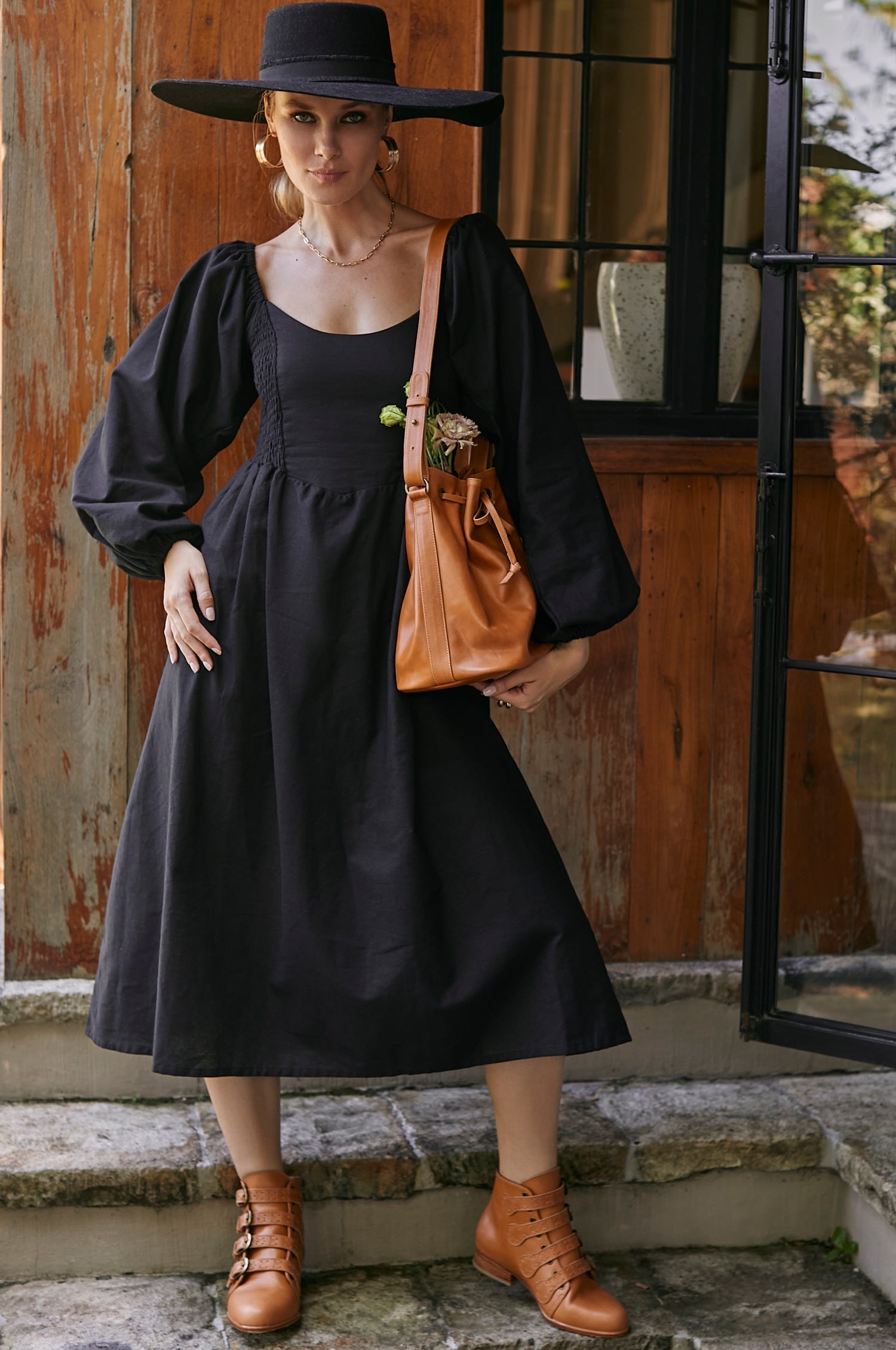 Bali ELF Alila Smocked Linen Midi Dress Black / 3XL Bali ELF Alila Smocked Linen Midi Dress Black / 3XL