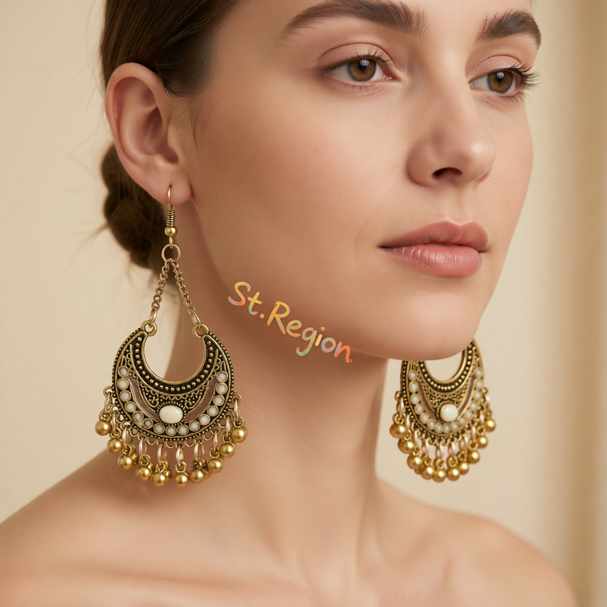 Beige Enamel & Goldtone Ball-Detail Crescent Moon Drop Earrings
