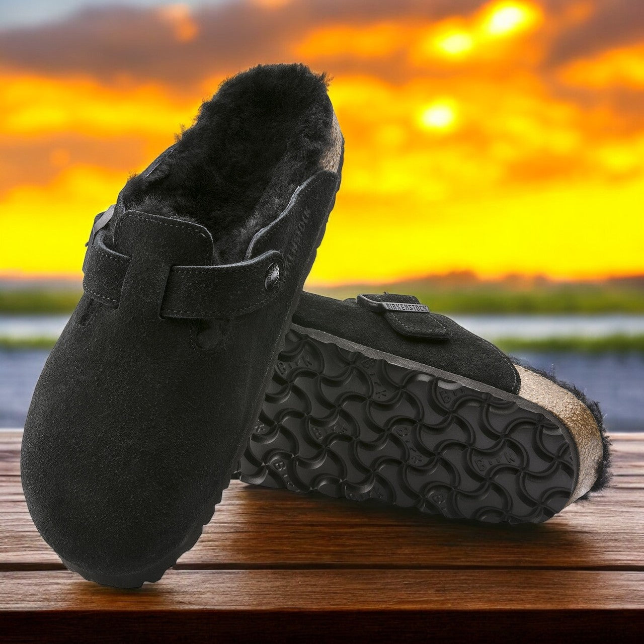 Birkenstock Men's Boston Shearling Black Suede Leather Regular Width Width)