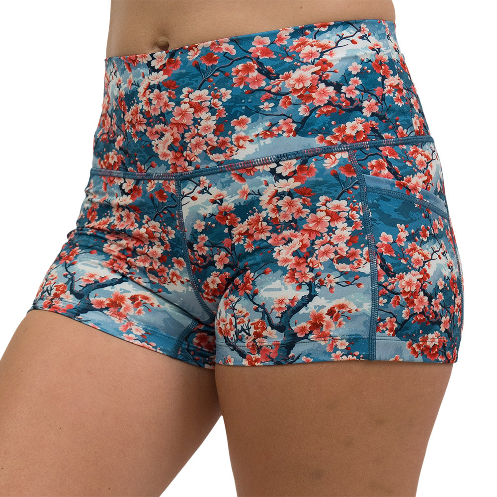 CVG - High Waist Running Shorts | Cherry Blossoms - Fun Prints & Pockets - Crossfit, Hiking, Yoga Workout Sets - S