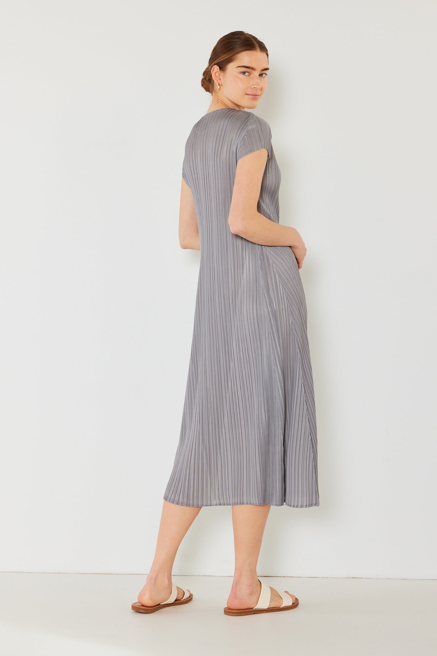 Marina West Pleated Cap Sleeve A-Line Midi Dress (D01CS) - Gray