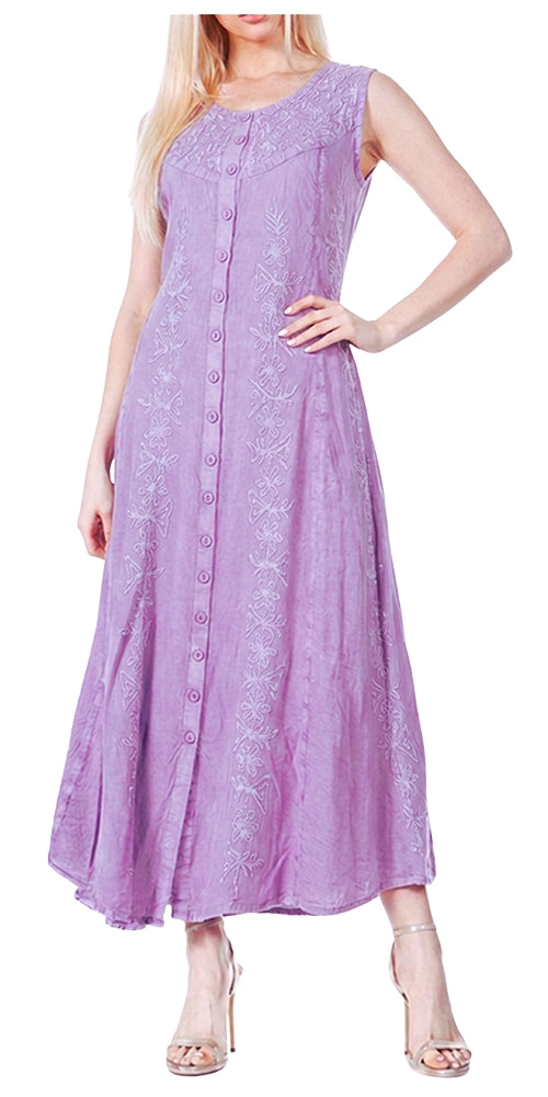 Sakkas Maya Floral Embroidered Sleeveless Button Up Rayon Dress