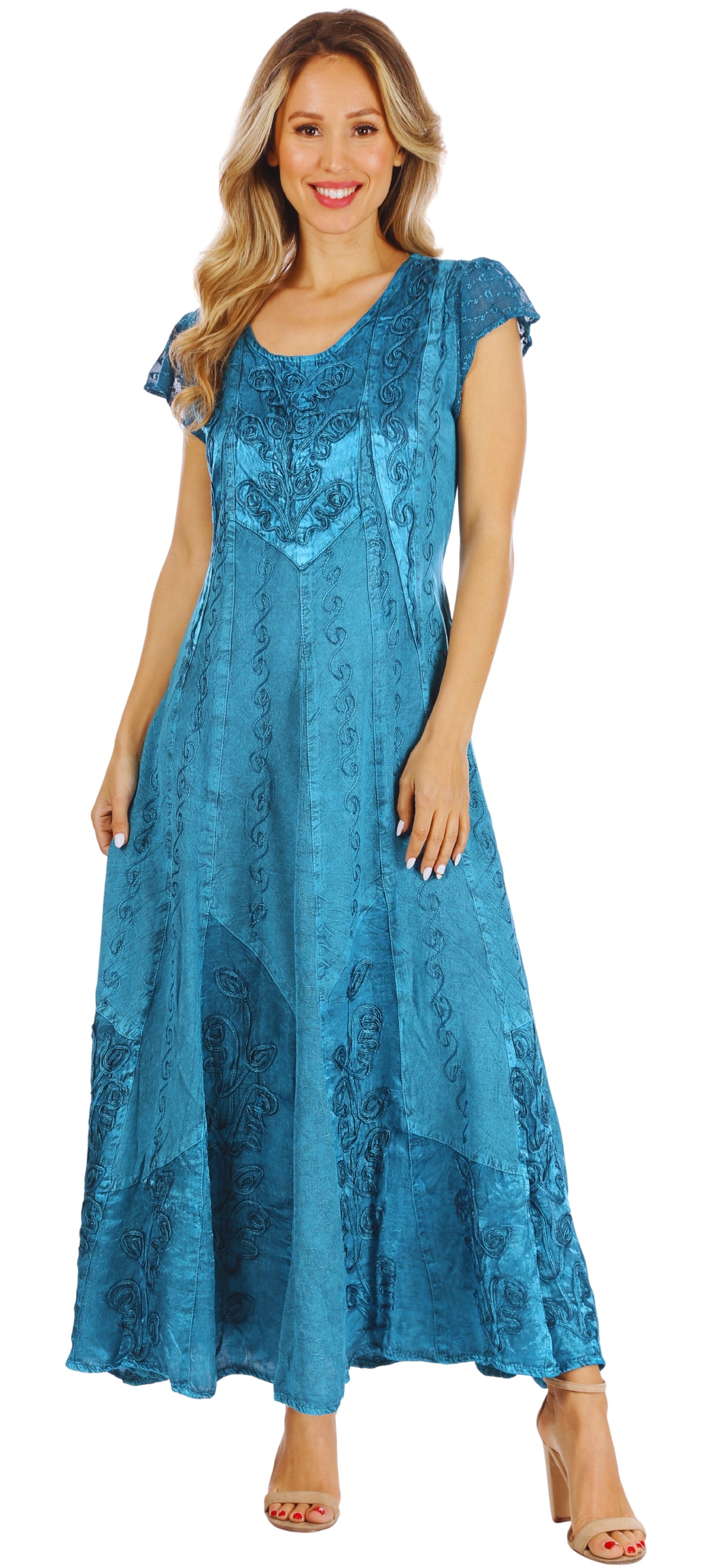Sakkas Marni Women's Casual Maxi Short Sleeve Stonewashed Long Caftan Dress Lace