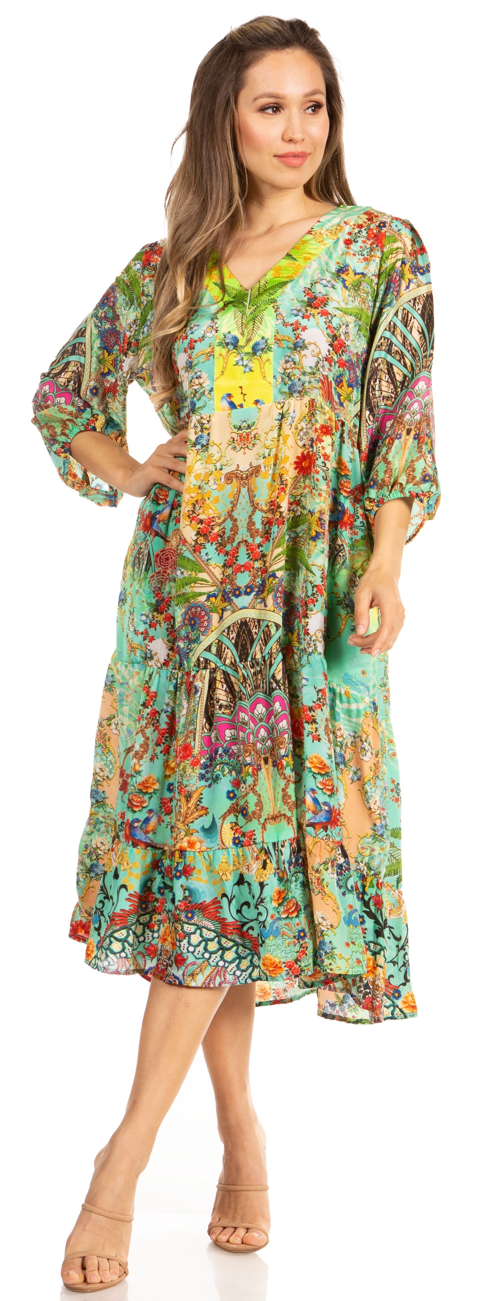 women's boho midi dress Sakkas Sole Floral Print V-Neck with Long Sleeves L/XL / 580-Turquoise ALL-EOFY-25 Miluxas Men's Muscle Fit this white boho midi Size:4y