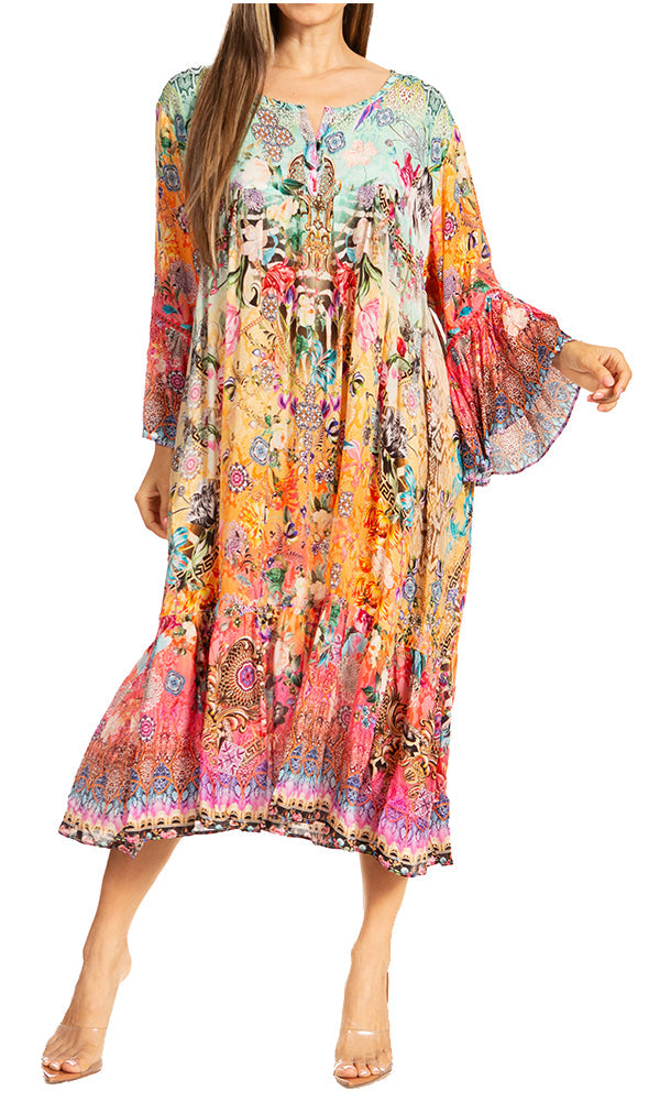Sakkas Womens 3/4 Ruffled Sleeves Henley Neck Summer Short Flowy Dress/Beachwear S/M / D-381-A