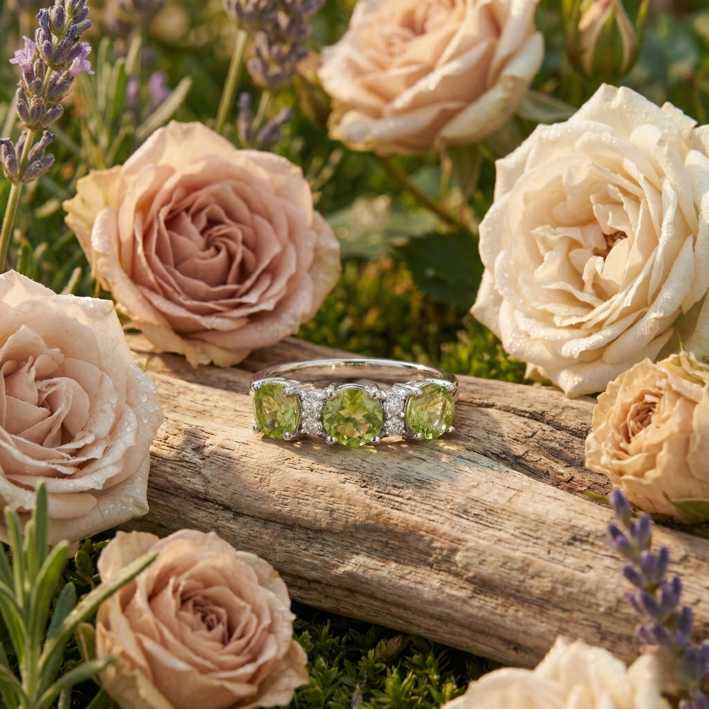 1.8 Ct Round Olive Green Peridot Prong Silver Three Stone Ring